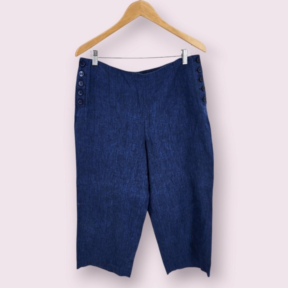 Talbots 100% Linen Capri Pants Lagenlook Coastal Women 12 Chelsea Cropped Blue